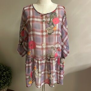 ASOS PLUS SEMI SHEER RUFFLE BLOUSE. Plead and floral size 20 drop sleeves